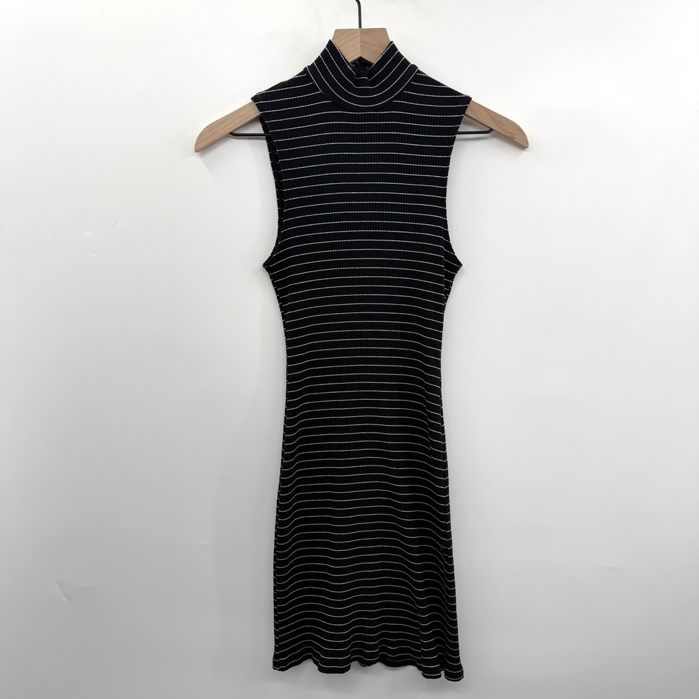 Reformation Bobbie Ribbed Knit‎ Sleeveless Mock Neck Dress in Black Stripe Small - Picture 2 of 10